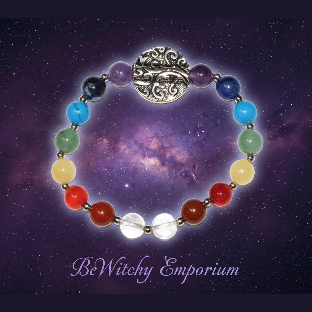 Exact seven chakra bracelet with Tree of Life charm with cosmic mystical styling and BeWitchy Emporium watermark