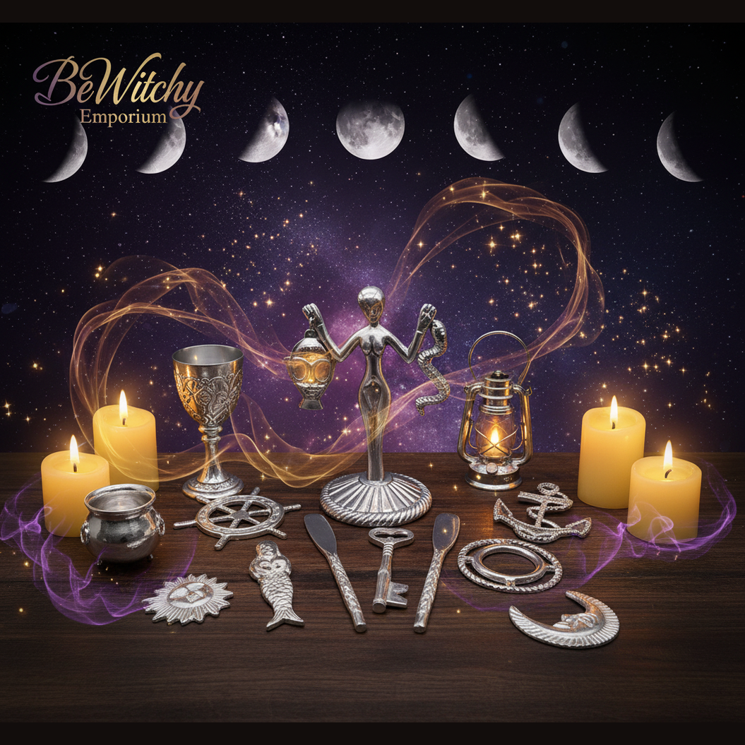 Exact silver altar tool set with professional mystical altar atmosphere