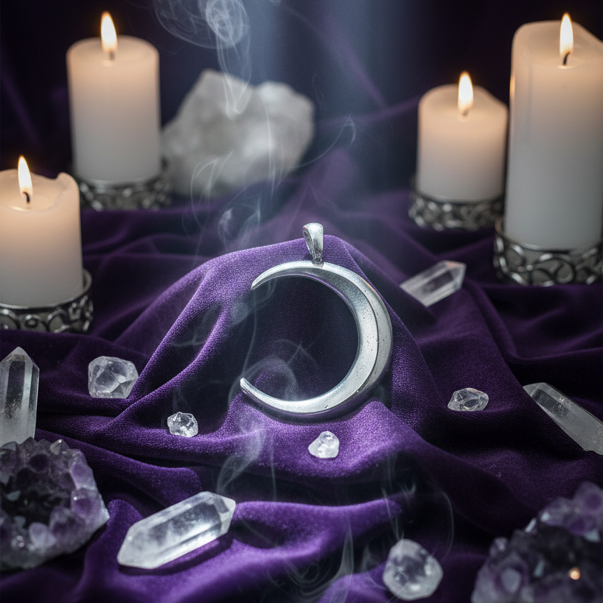 Exact silver crescent moon pendant with premium lunar ambiance and BeWitchy Emporium watermark
