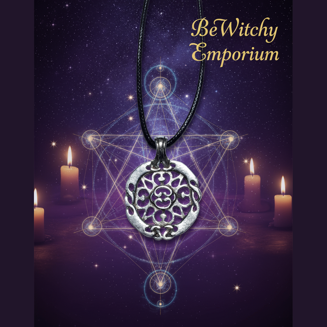 Exact silver filigree mandala pendant with cosmic mystical styling and BeWitchy Emporium watermark
