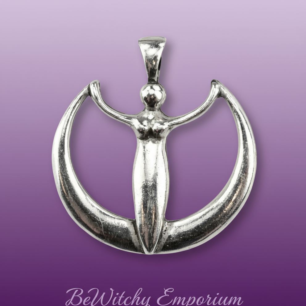Exact silver goddess moon pendant with clean professional styling and BeWitchy Emporium watermark