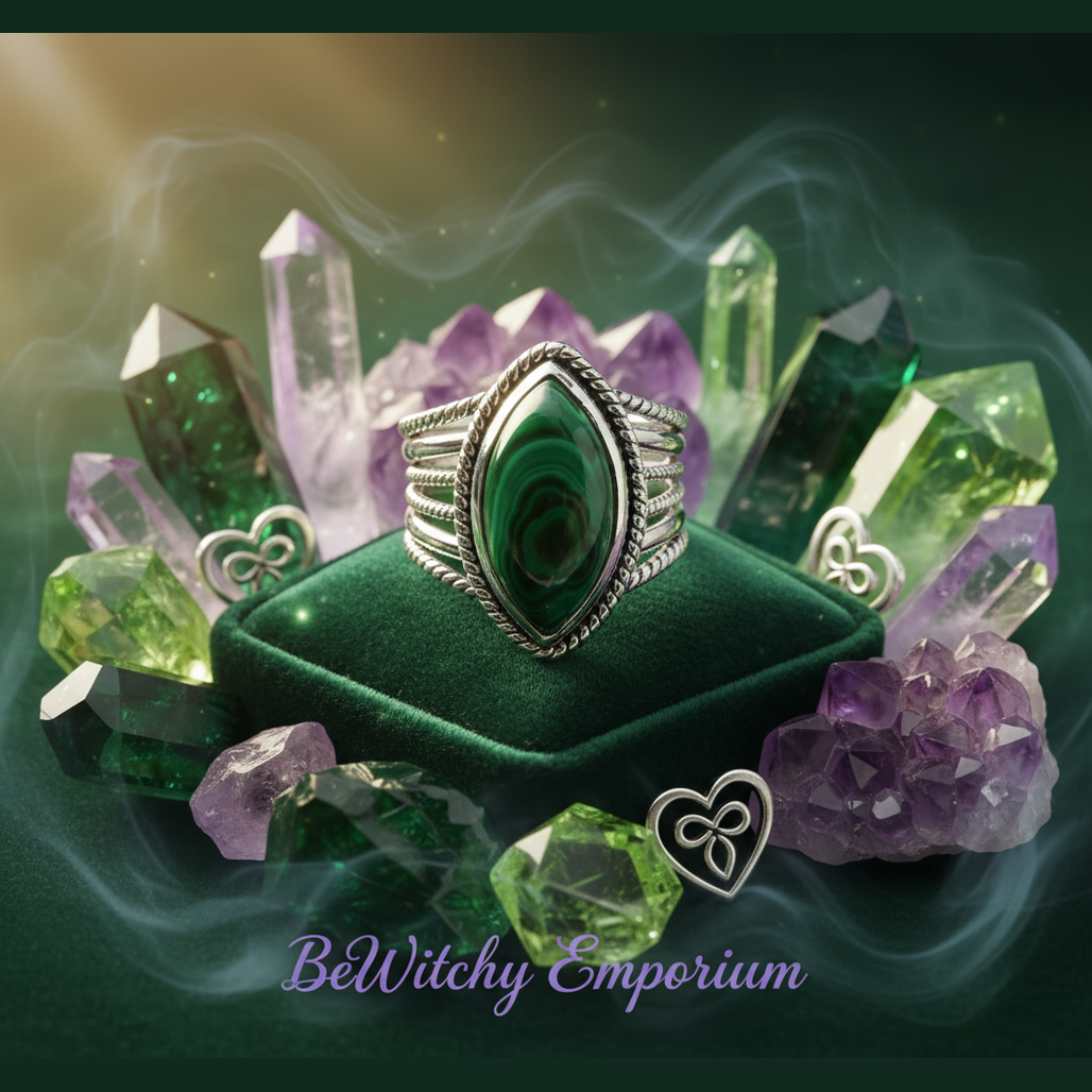 Exact silver malachite ring with premium crystal jewelry sanctuary ambiance and BeWitchy Emporium watermark