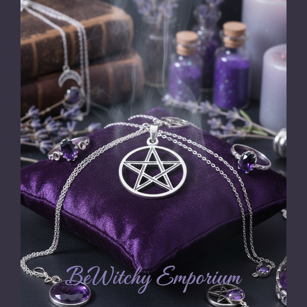 Exact silver pentagram pendant with premium witchcraft jewelry sanctuary ambiance and BeWitchy Emporium watermark