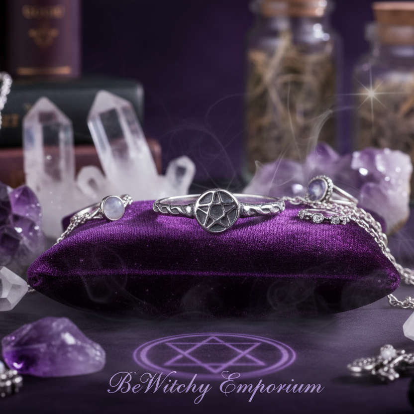 Exact silver pentagram ring with premium witchcraft jewelry sanctuary ambiance and BeWitchy Emporium watermark