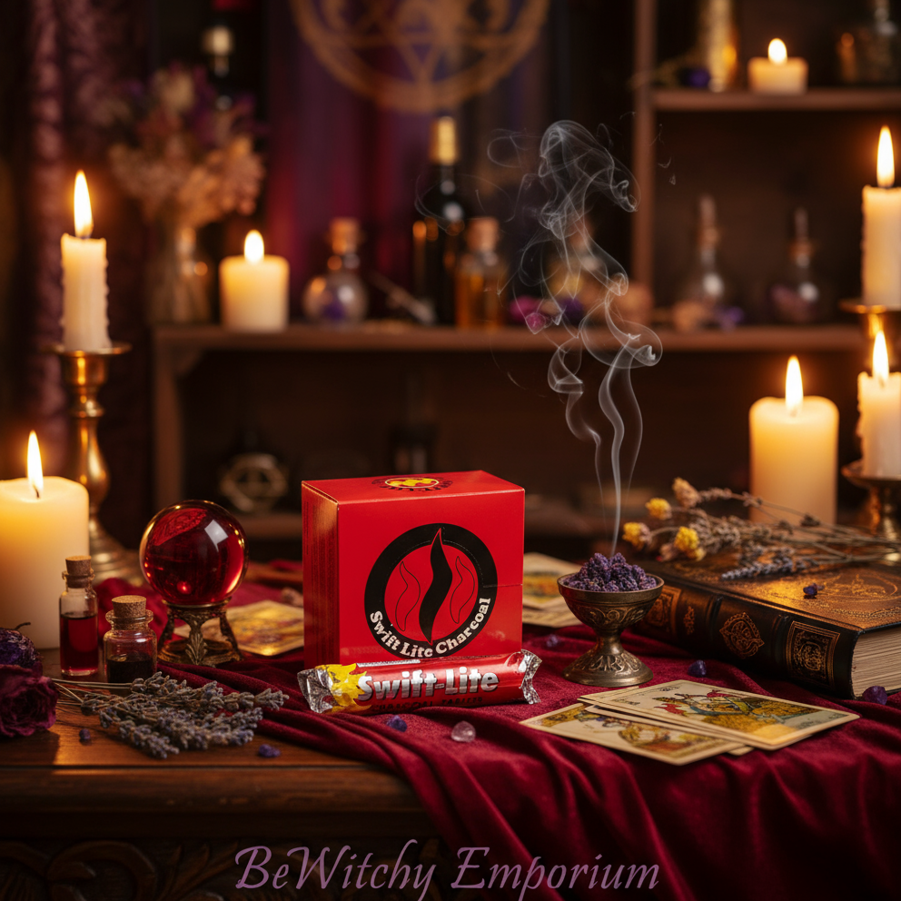 Exact Swift Lite Charcoal box with premium witchcraft altar sanctuary ambiance and BeWitchy Emporium watermark