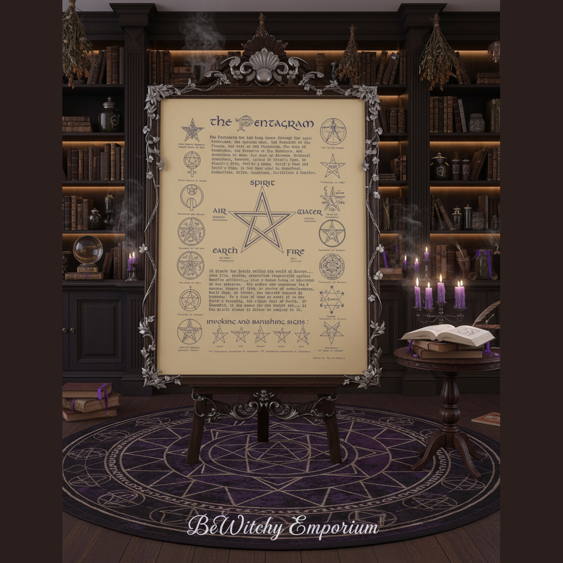 Exact The Pentagram poster with premium witchcraft library sanctuary ambiance and BeWitchy Emporium watermark