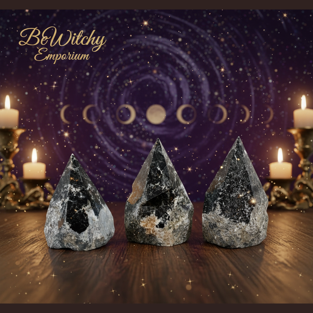 Exact three merlinite crystal points with cosmic mystical styling and BeWitchy Emporium watermark
