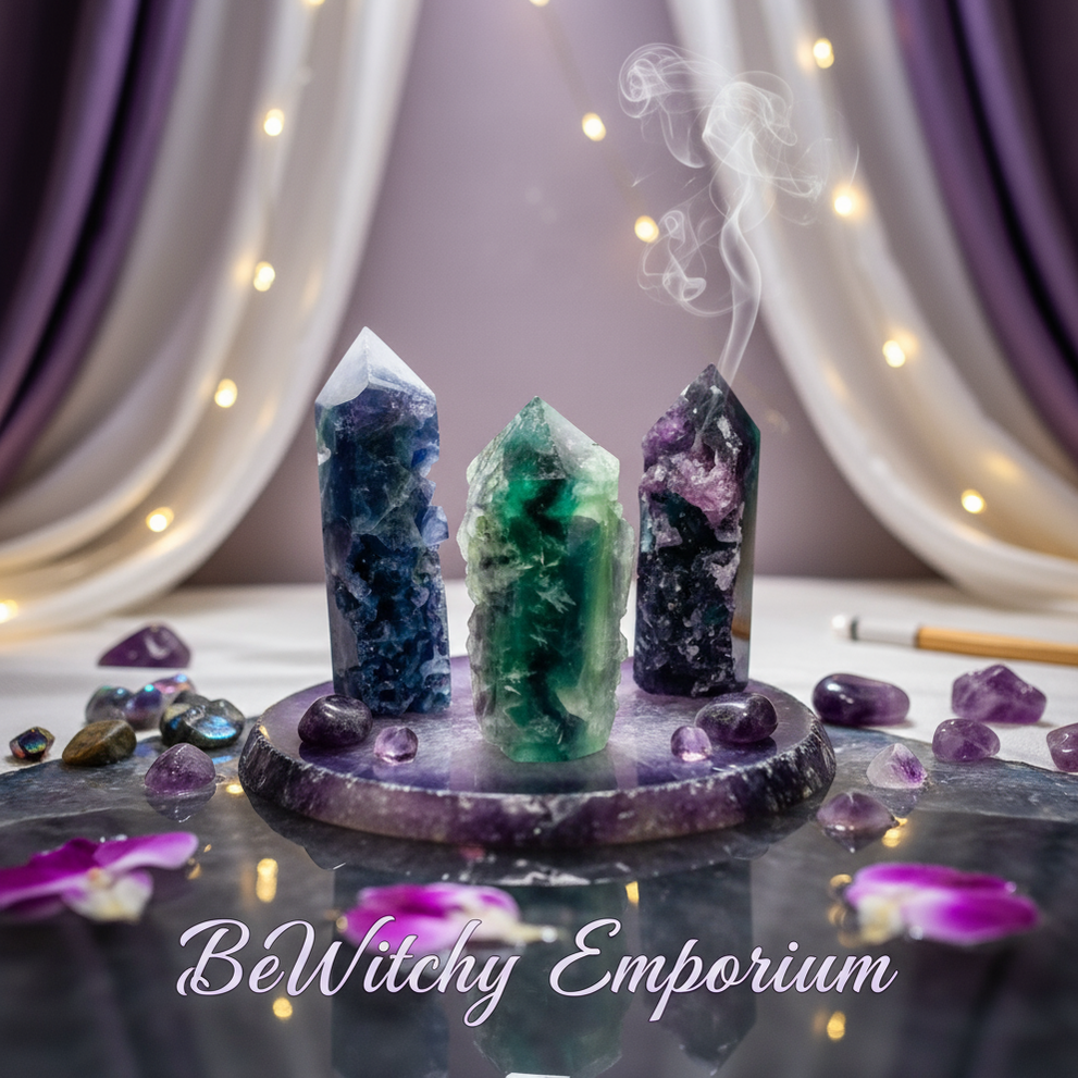 Exact three rainbow fluorite towers with premium healing sanctuary ambiance and BeWitchy Emporium watermark