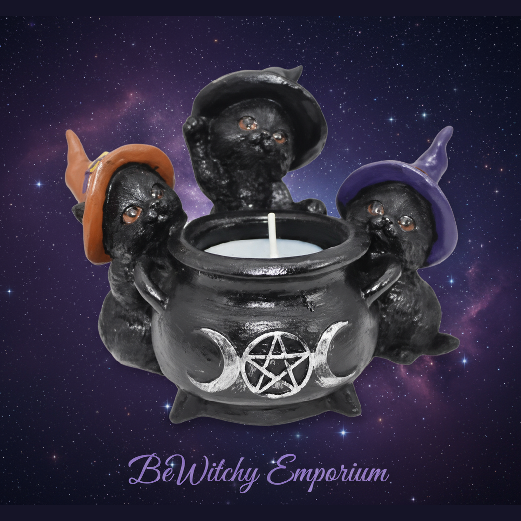 Exact Three Wise Witches cauldron with cosmic mystical styling and BeWitchy Emporium watermark
