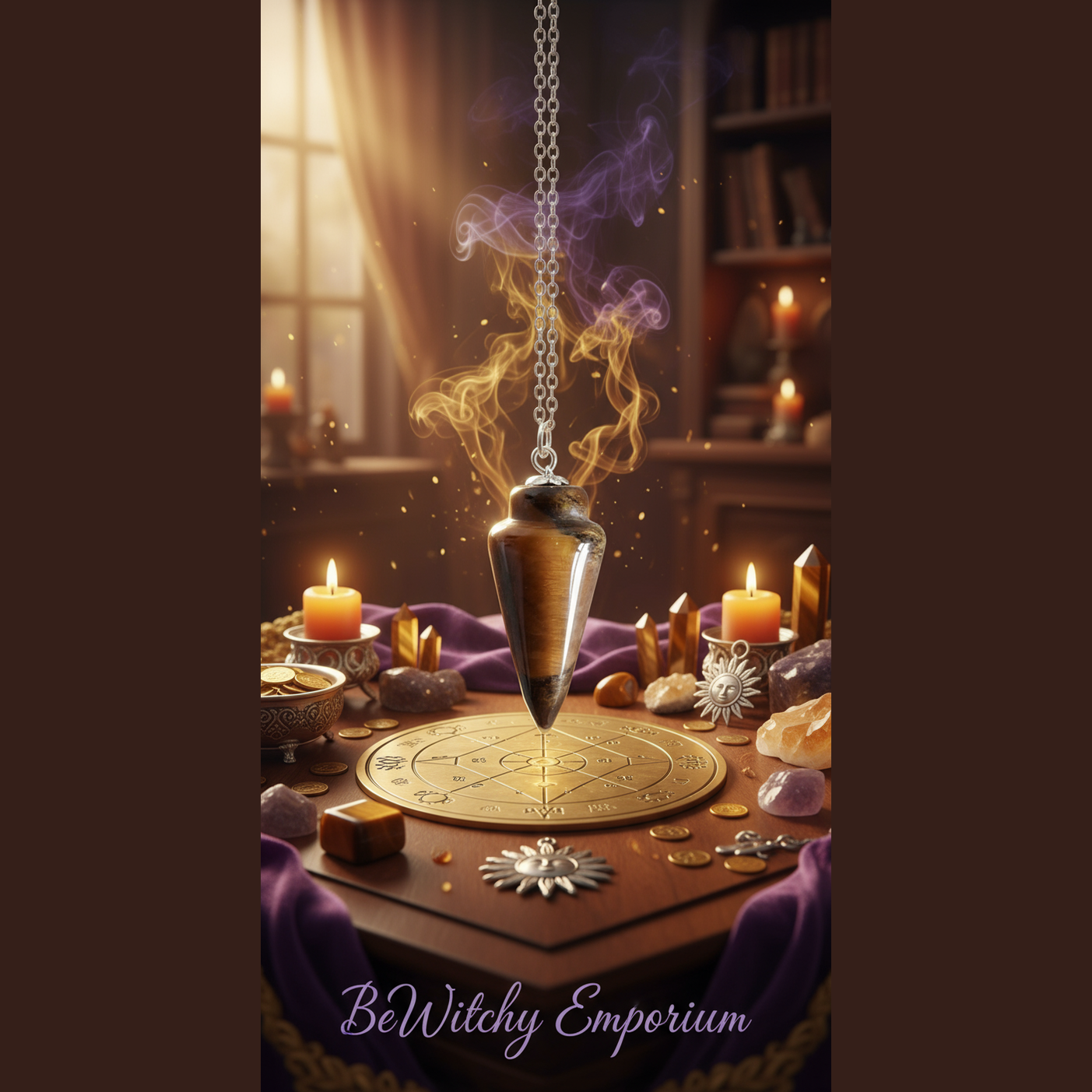 Exact tiger's eye pendulum with premium divination sanctuary ambiance and BeWitchy Emporium watermark