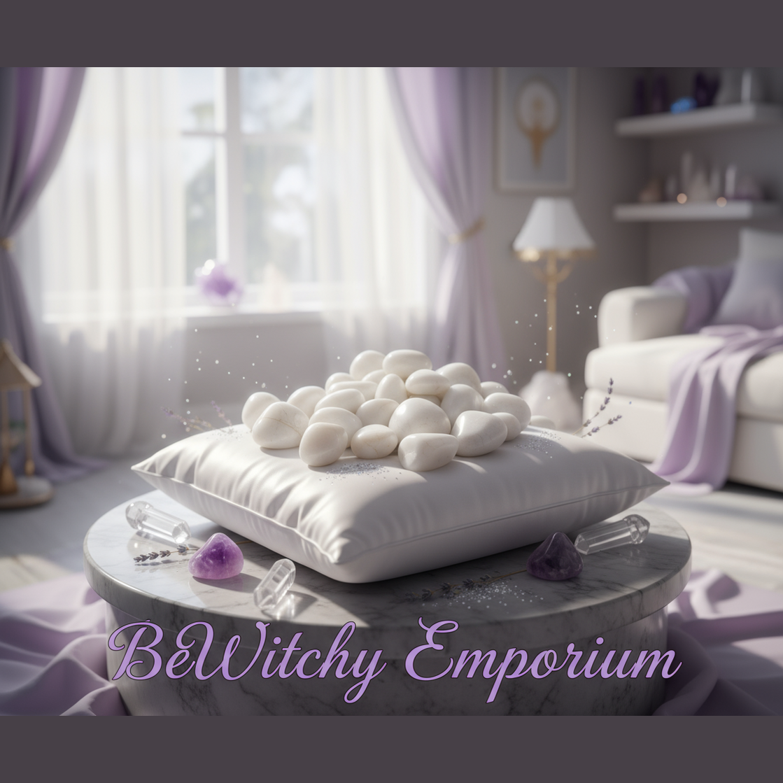 Exact white howlite tumbled stone collection with premium healing sanctuary ambiance and BeWitchy Emporium watermark
