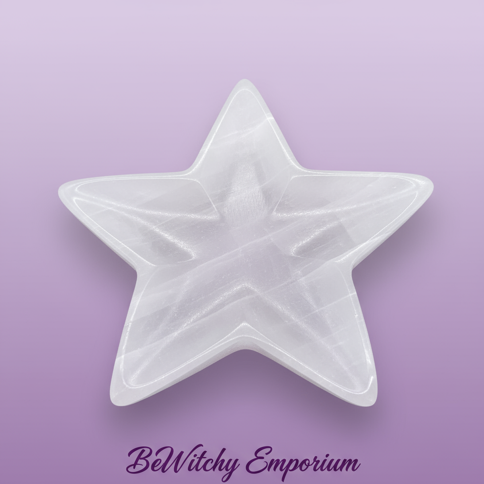 Exact white selenite star charging plate with clean professional styling and BeWitchy Emporium watermark