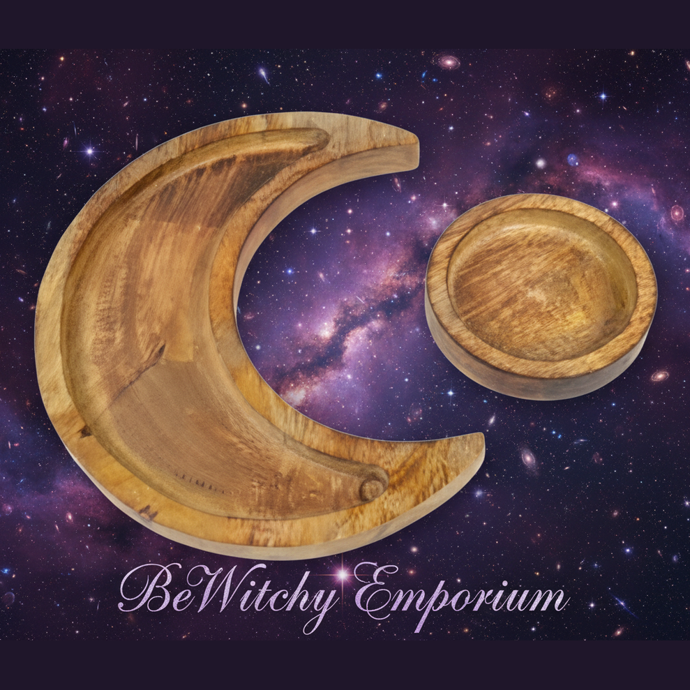 Exact wooden moon and sun altar tray set with cosmic mystical styling and BeWitchy Emporium watermark