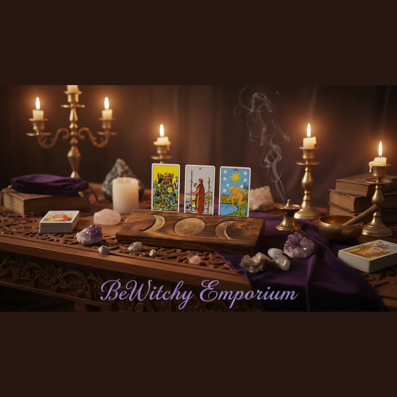 Exact wooden triple moon tarot card holder with premium tarot reading sanctuary ambiance and BeWitchy Emporium watermark