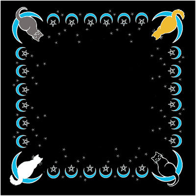 Decorative border with cats, moons, and stars on a black background