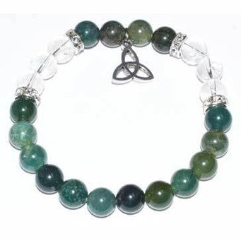 Green beaded bracelet with a silver Trinity knot charm on a white background