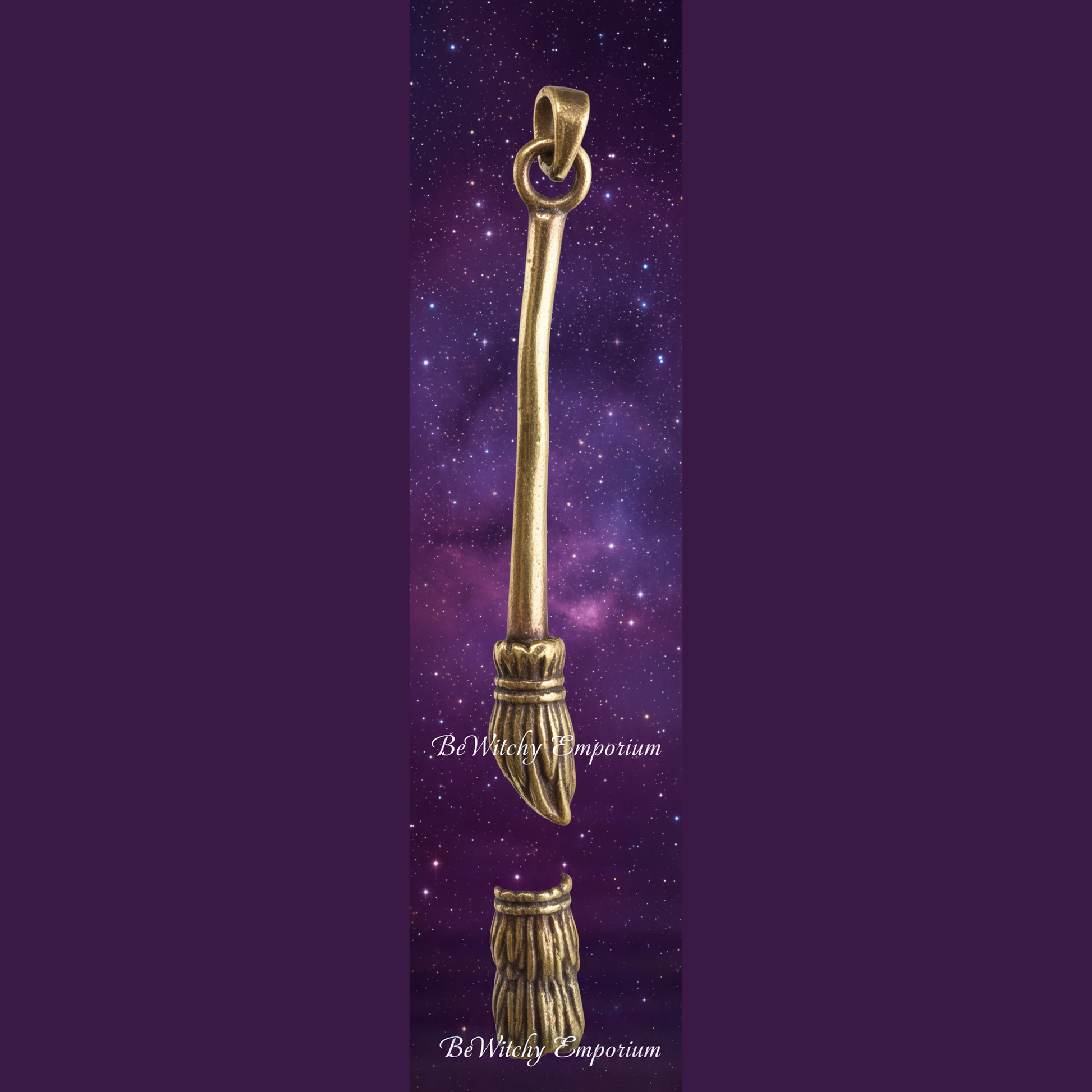 Brass Witch's Broom Pendant - Mystical Starry Night