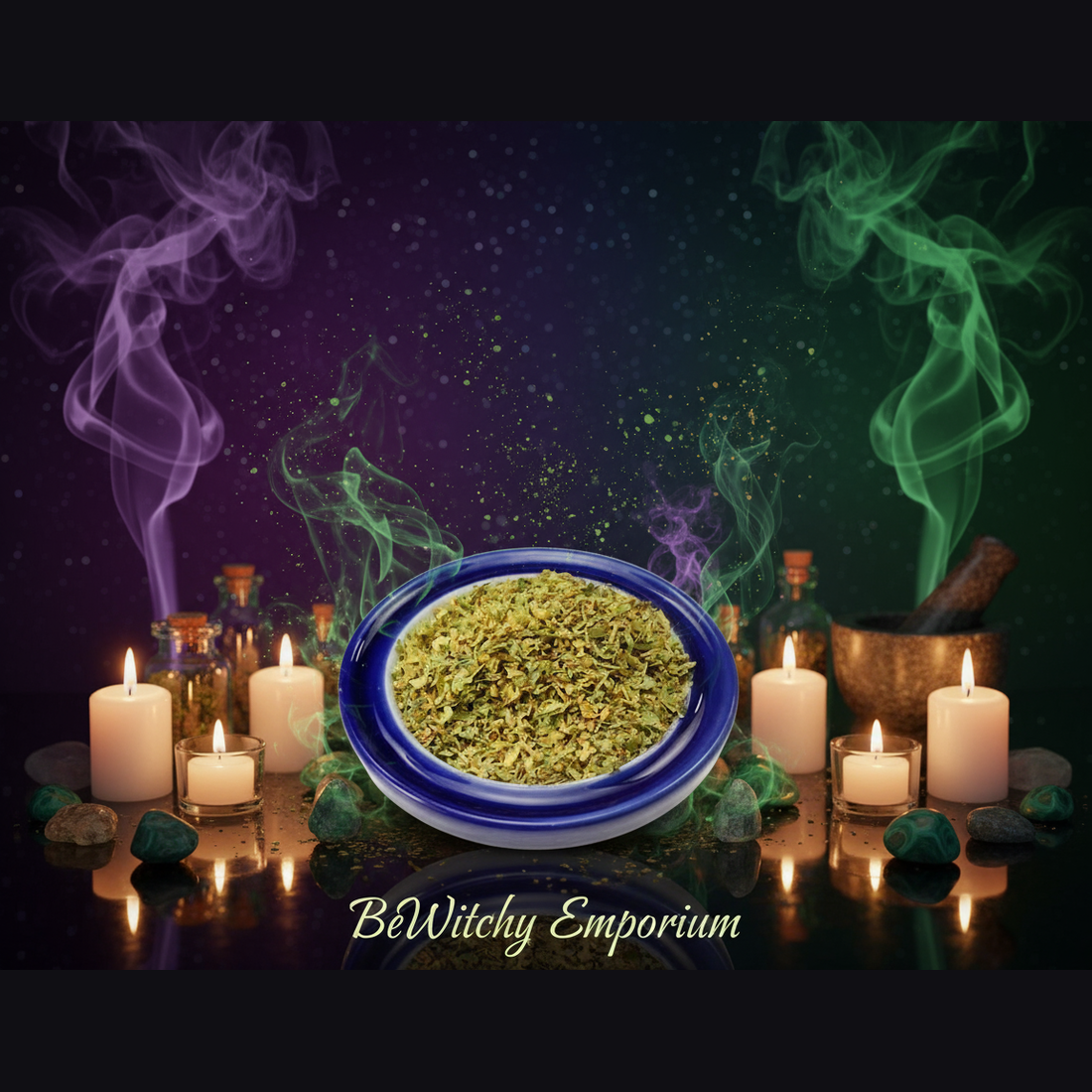 Dried Herb Blend in Blue Dish - Mystical Altar Style