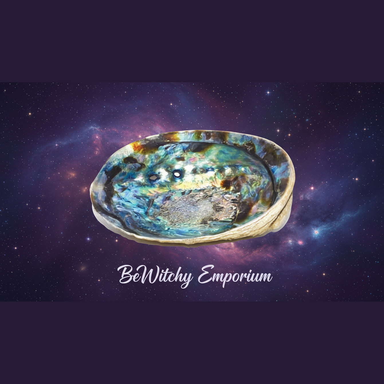 Exact abalone shell with cosmic mystical styling and BeWitchy Emporium watermark
