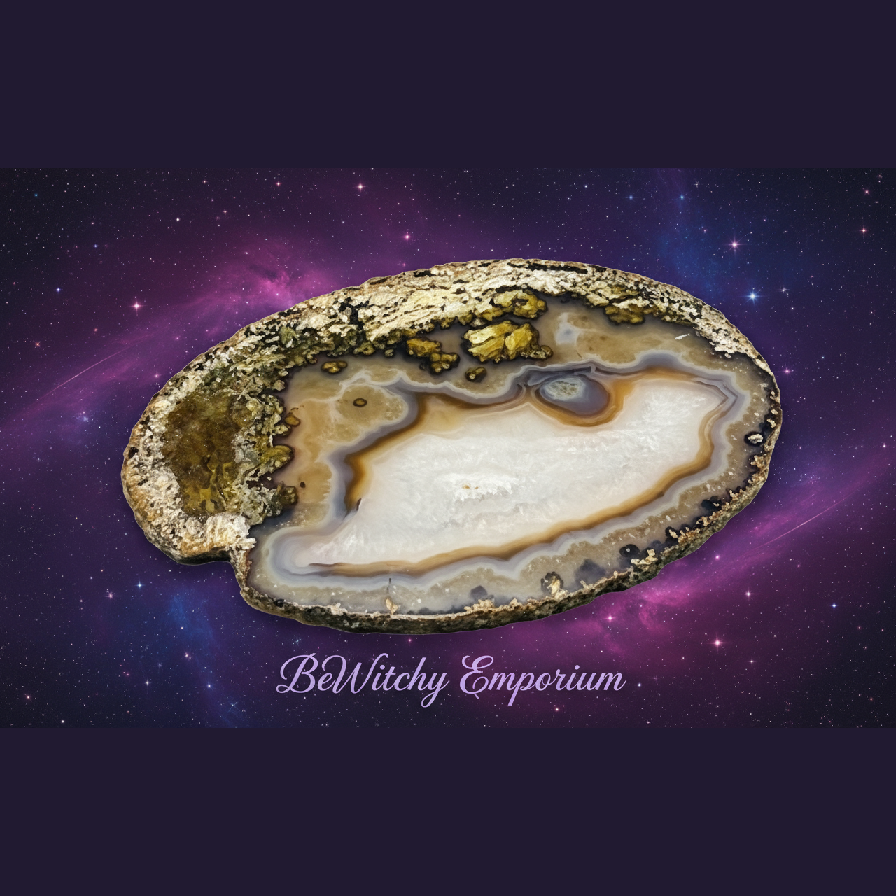 Exact agate slice with cosmic mystical styling and BeWitchy Emporium watermark