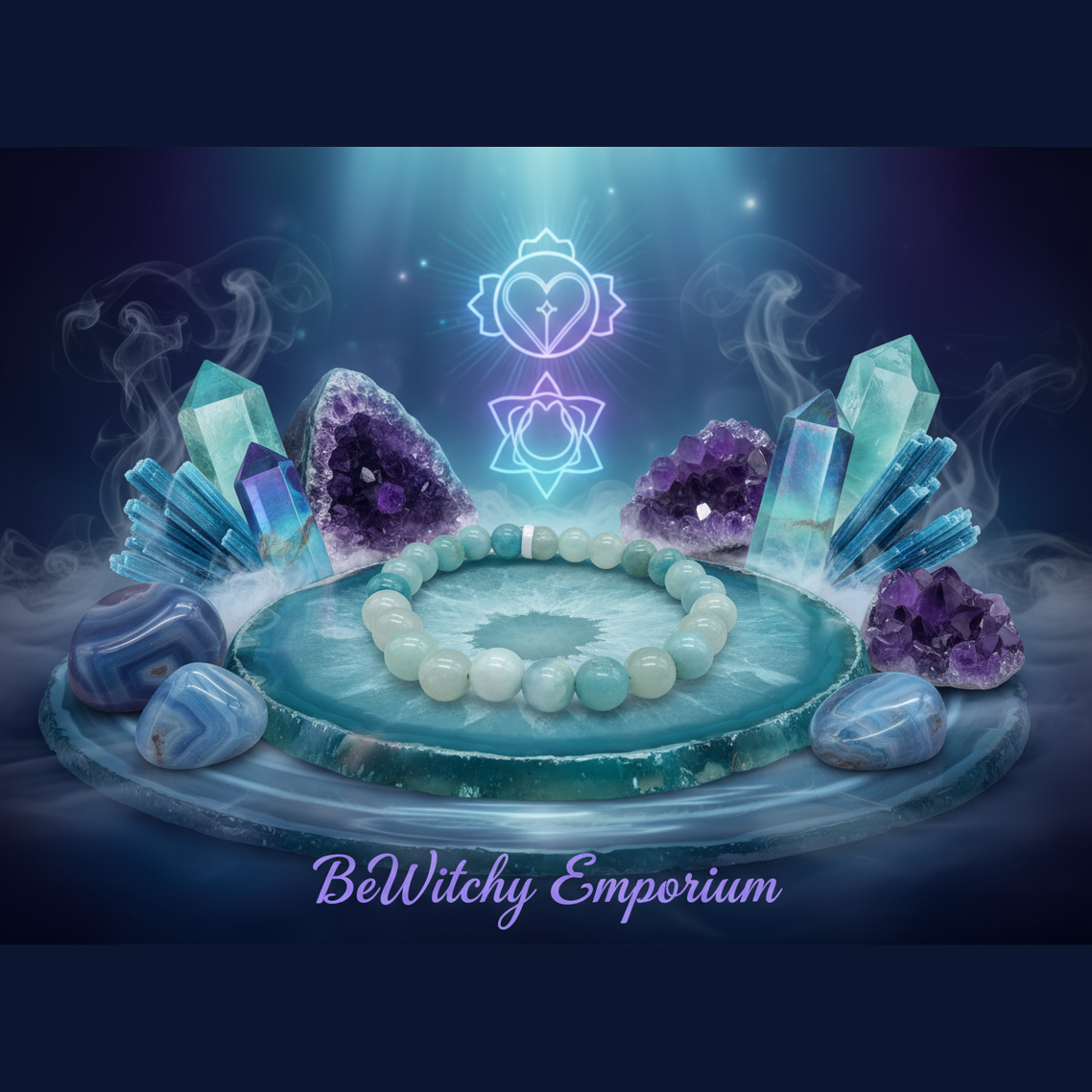 Exact amazonite bracelet with premium healing sanctuary ambiance and BeWitchy Emporium watermark