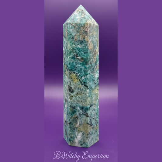 Exact amazonite crystal tower with clean professional styling and BeWitchy Emporium watermark