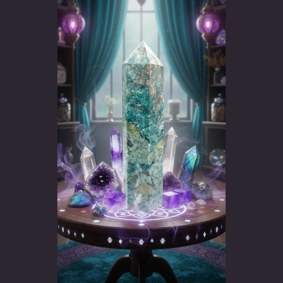 Exact amazonite crystal tower with premium healing sanctuary ambiance and BeWitchy Emporium watermark