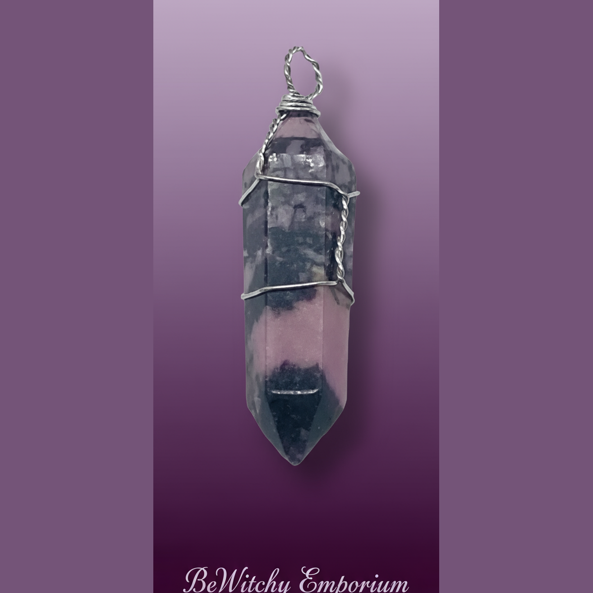 Exact amethyst crystal point pendant with clean professional styling and BeWitchy Emporium watermark