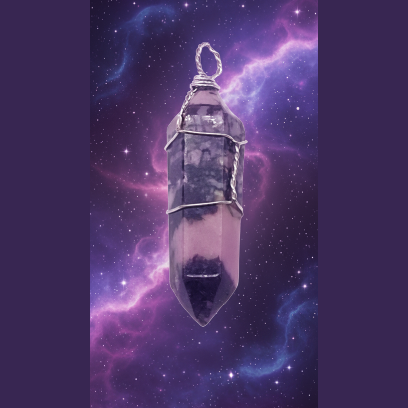 Exact amethyst crystal point pendant with cosmic mystical styling and BeWitchy Emporium watermark