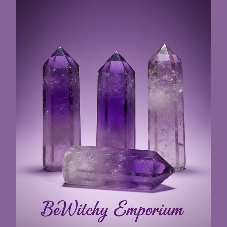 Exact amethyst crystal points set with clean professional styling and BeWitchy Emporium watermark