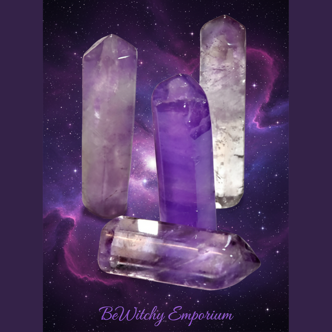Exact amethyst crystal points set with cosmic mystical styling and BeWitchy Emporium watermark