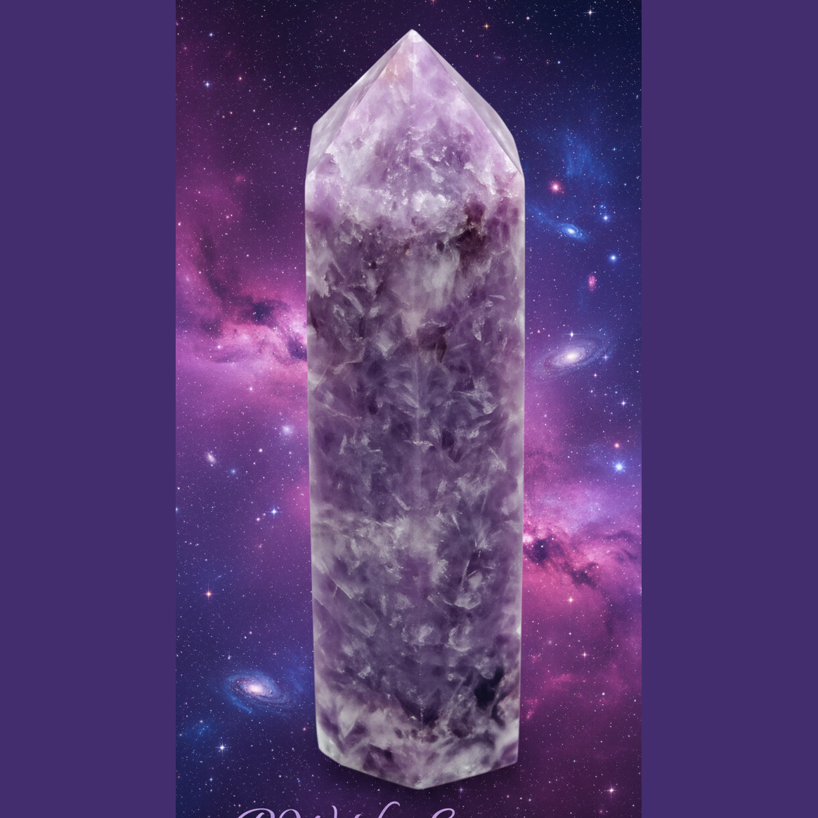 Exact amethyst crystal tower with cosmic mystical styling and BeWitchy Emporium watermark