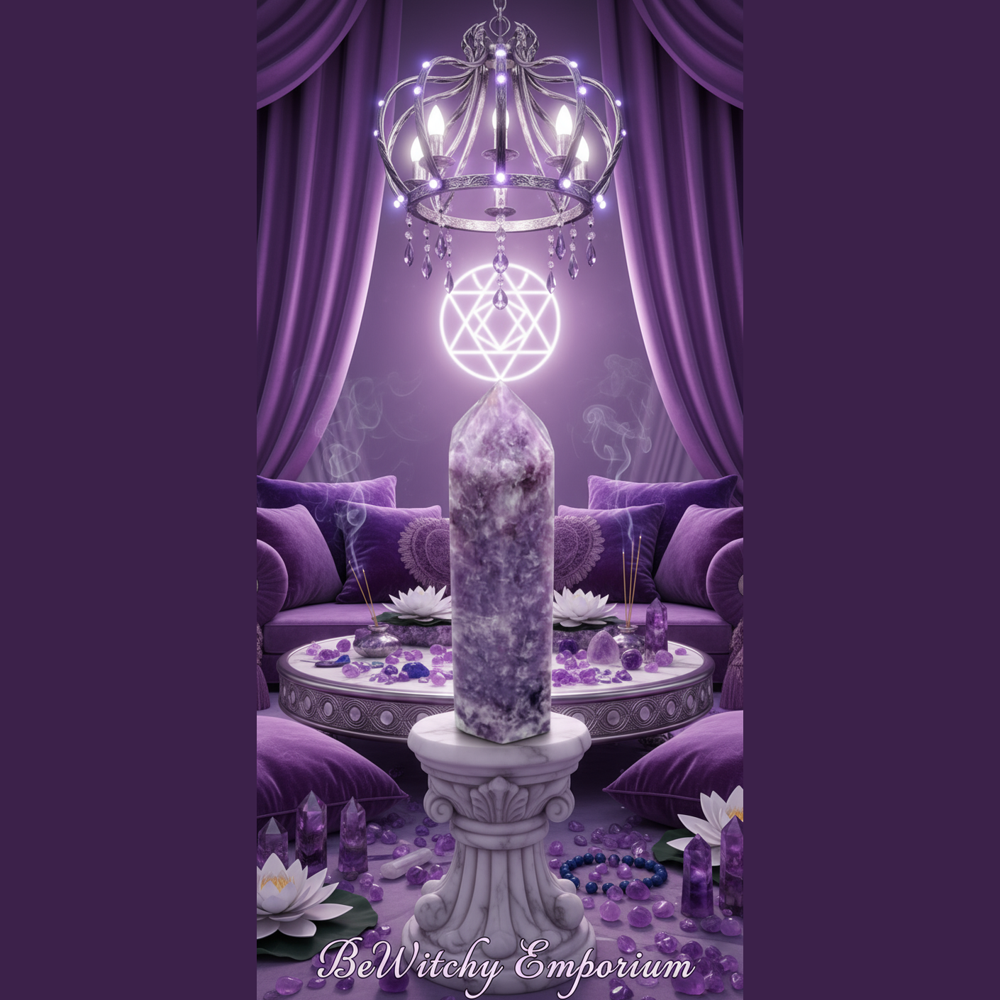 Exact amethyst crystal tower with premium healing sanctuary ambiance and BeWitchy Emporium watermark