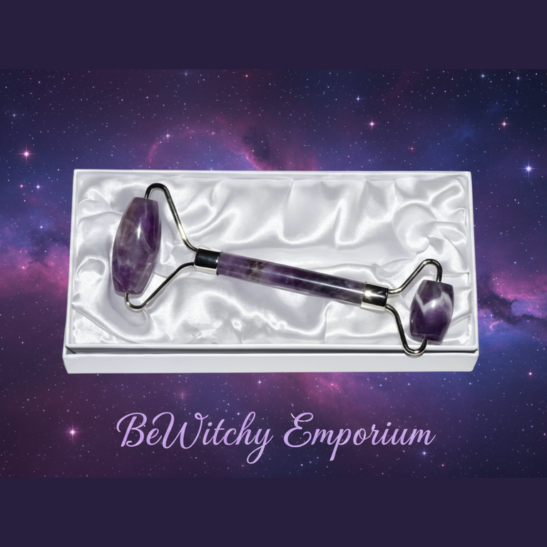 Exact amethyst facial roller set with cosmic mystical styling and BeWitchy Emporium watermark