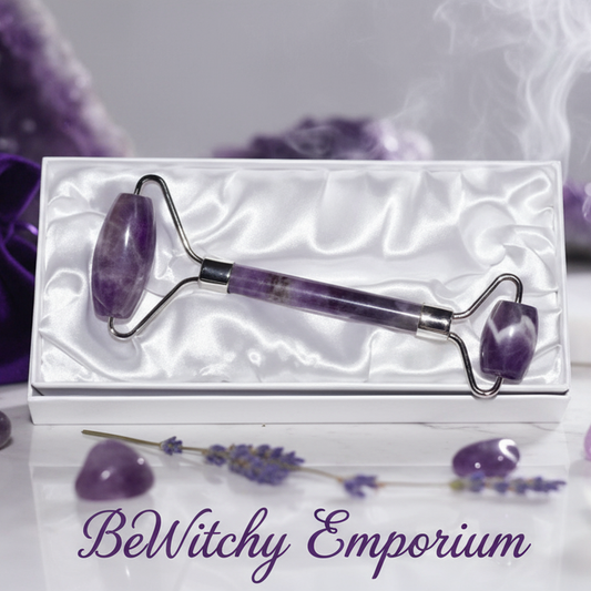 Exact amethyst facial roller set with premium crystal beauty sanctuary ambiance and BeWitchy Emporium watermark