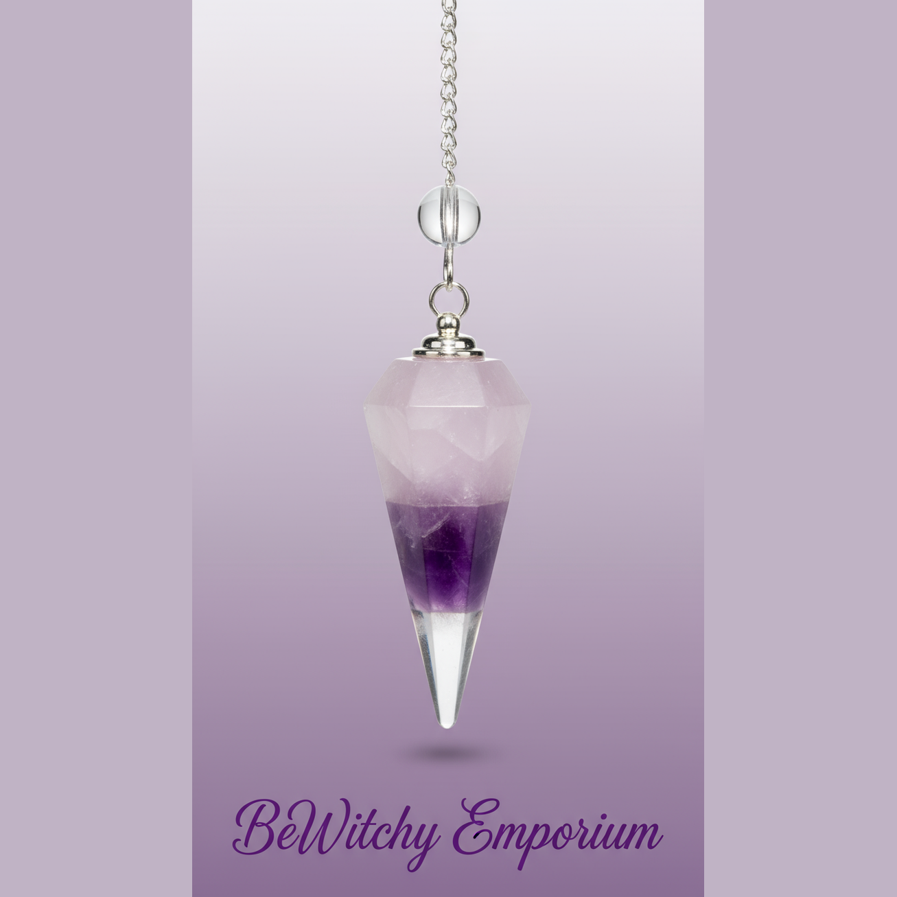 Exact amethyst pendulum with clean professional styling and BeWitchy Emporium watermark