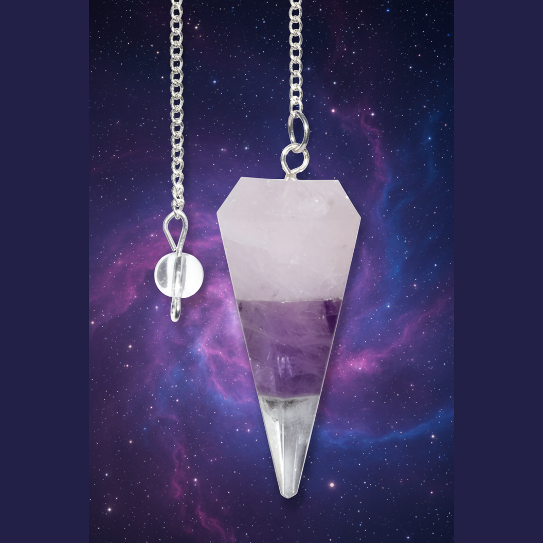 Exact amethyst pendulum with cosmic mystical styling and BeWitchy Emporium watermark
