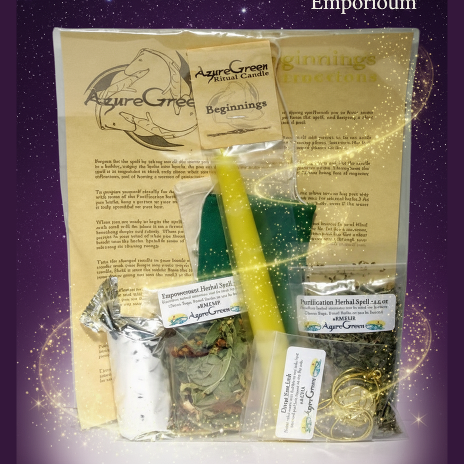 Exact Azure Green Beginnings ritual kit with cosmic mystical styling and BeWitchy Emporium watermark