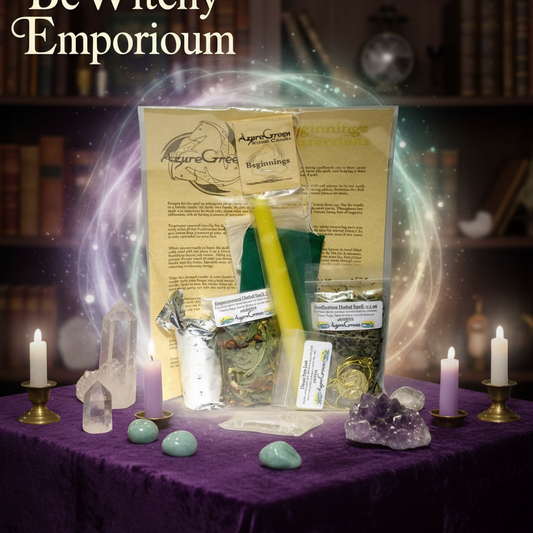 Exact Azure Green Beginnings ritual kit with premium sanctuary ambiance and BeWitchy Emporium watermark
