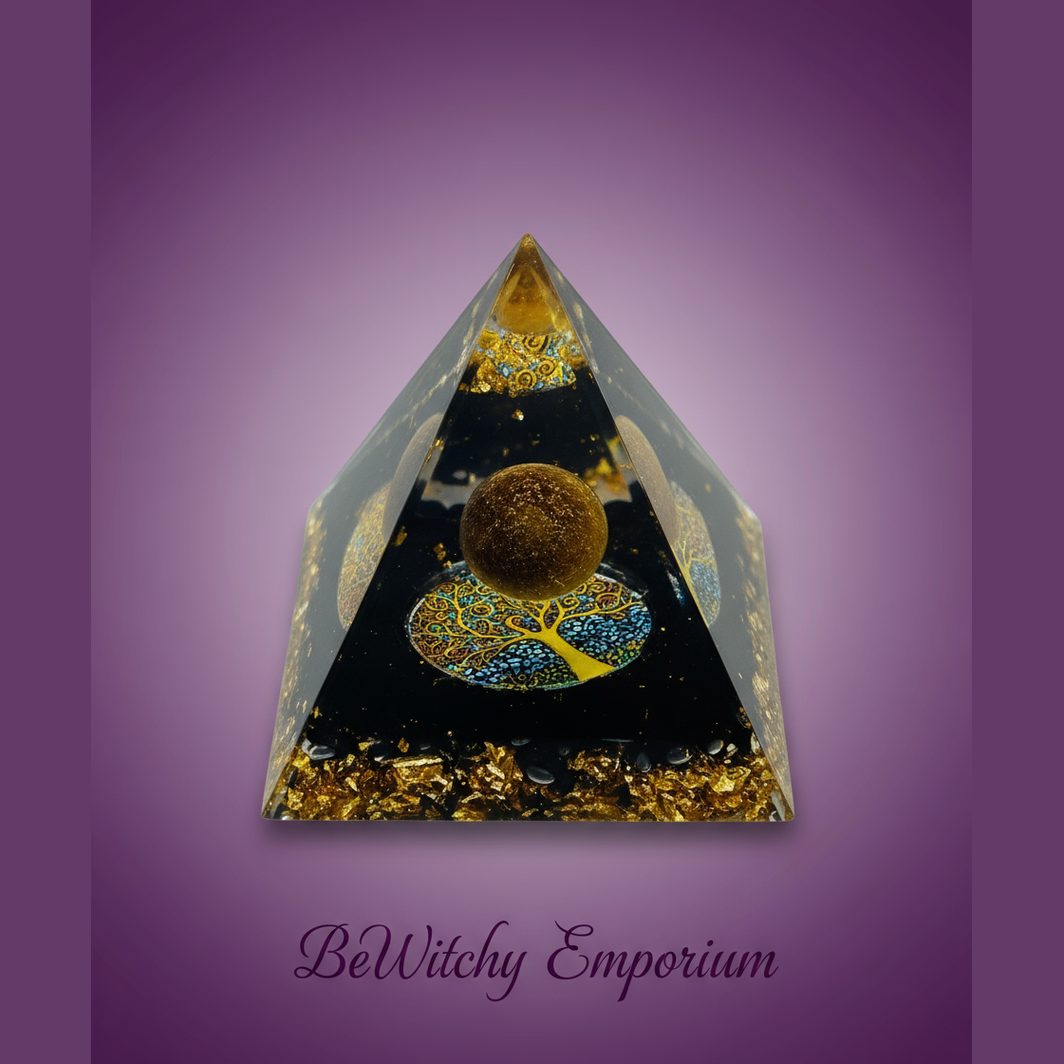 Exact black and gold orgone pyramid with clean professional styling and BeWitchy Emporium watermark