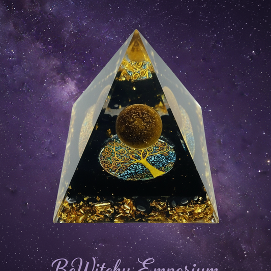 Exact black and gold orgone pyramid with cosmic mystical styling and BeWitchy Emporium watermark