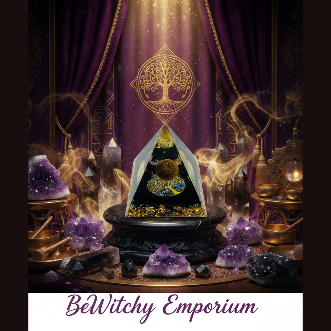Exact black and gold orgone pyramid with premium energy healing sanctuary ambiance and BeWitchy Emporium watermark