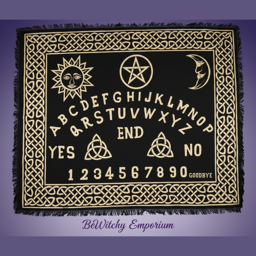 Exact black and gold spirit board altar cloth with clean professional styling and BeWitchy Emporium watermark