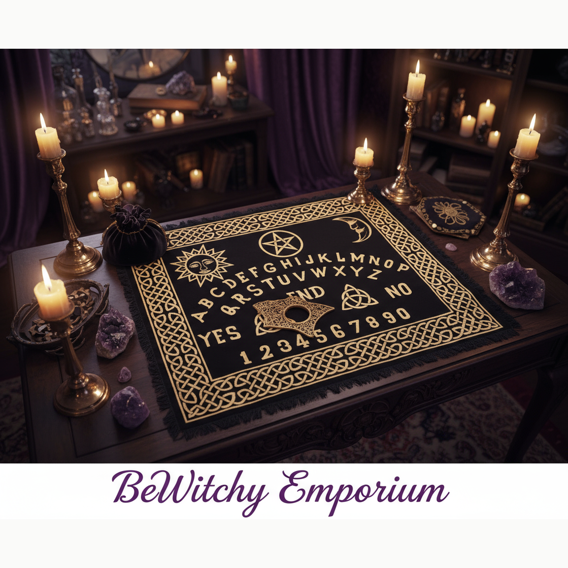 Exact black and gold spirit board altar cloth with premium divination sanctuary ambiance and BeWitchy Emporium watermark