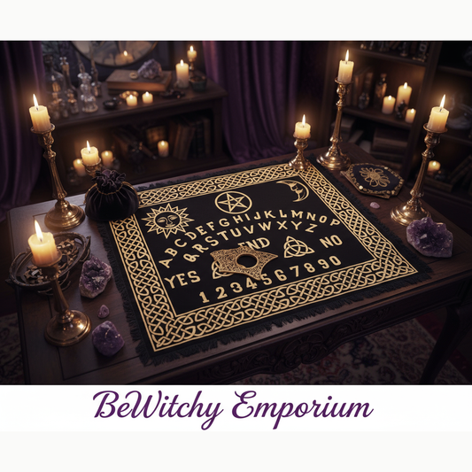 Exact black and gold spirit board altar cloth with premium divination sanctuary ambiance and BeWitchy Emporium watermark