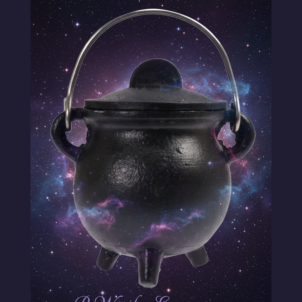 Exact black cast iron cauldron with cosmic mystical styling and BeWitchy Emporium watermark