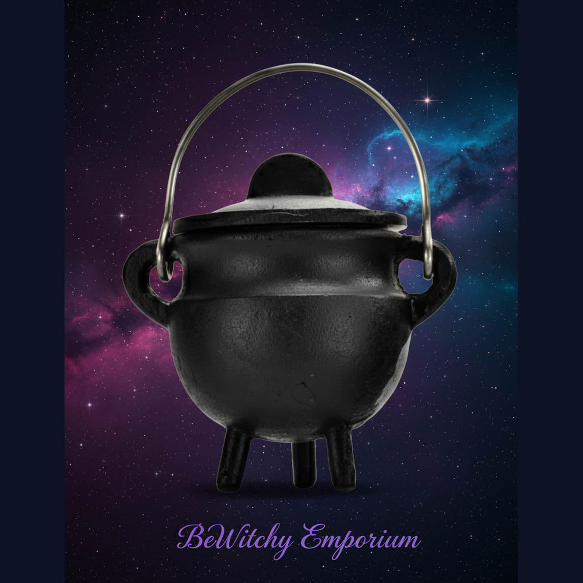 Exact black cast iron cauldron with cosmic mystical styling and BeWitchy Emporium watermark