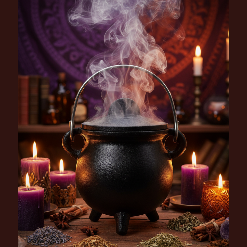 Exact black cast iron cauldron with premium witchcraft sanctuary ambiance and BeWitchy Emporium watermark