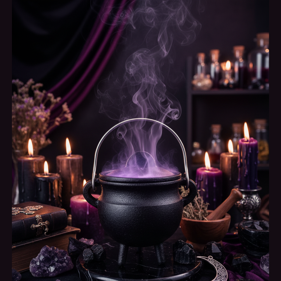 Exact black cast iron cauldron with premium witchcraft sanctuary ambiance and BeWitchy Emporium watermark