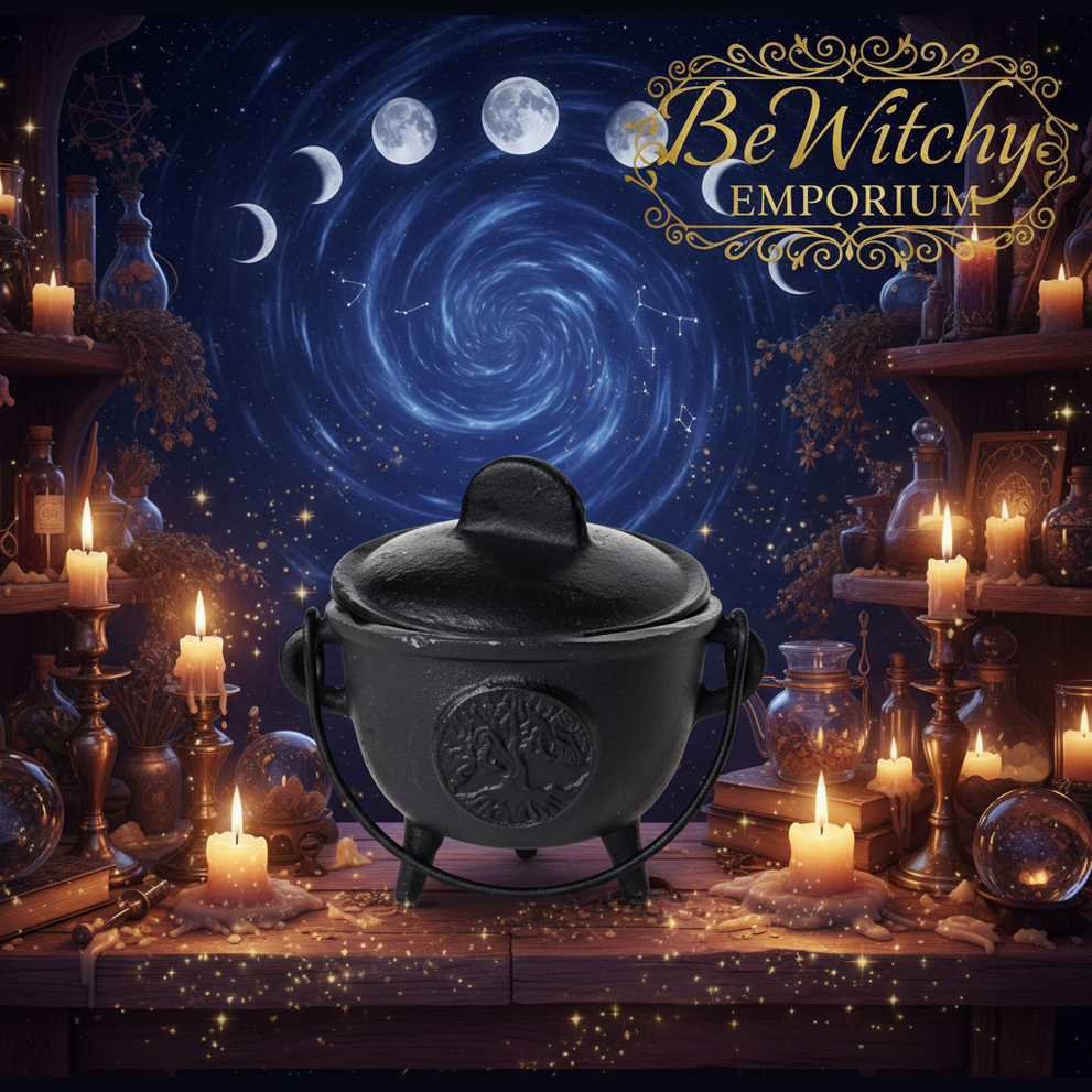 Exact black cast iron cauldron with professional mystical kitchen atmosphere